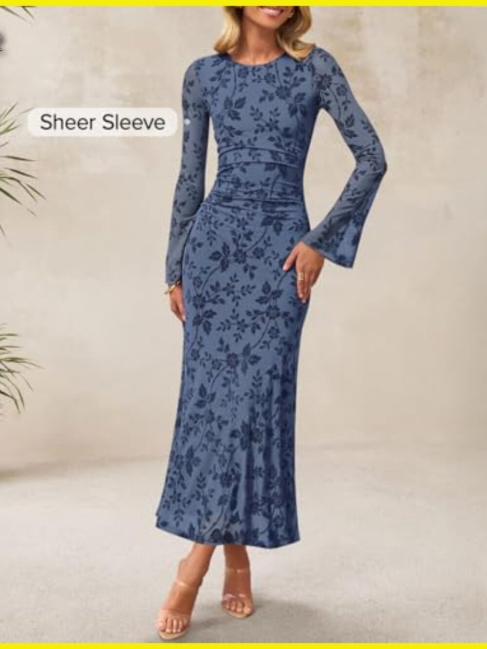 Long Sleeve Floral Bodycon Maxi Dress Ruched Mesh Wedding Guest Cocktail - Picture 2 of 7